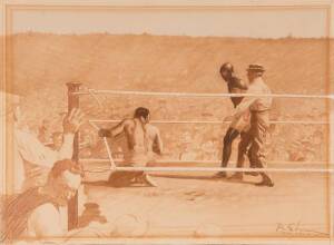 "THE BOXING MATCH", by Robert Durand Edgren (American 1908-97), signed and inscribed "Reno, July 4, 1910" lower right, gouache, wash, pencil and coloured pencil on paper, window mounted, framed & glazed, overall 70x58cm. The famous Jack Johnson v James J.