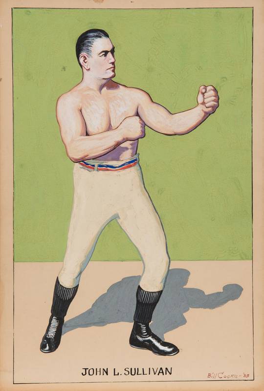 HAND-PAINTED ARTWORKS, of John L.Sullivan, Benny Leonard & Max Baer, each signed by the artist Bill Cooke '39, each 25x38cm. Plus "Police Gazette - Gallery of champions - John L.Sullivan", framed (30x37cm). 