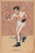 HAND-PAINTED ARTWORKS, of John L.Sullivan, Benny Leonard & Max Baer, each signed by the artist Bill Cooke '39, each 25x38cm. Plus "Police Gazette - Gallery of champions - John L.Sullivan", framed (30x37cm).  - 3