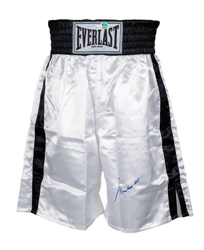 MUHAMMAD ALI, signature on pair of 'Everlast' boxing shorts with black band & trim. With 'Online Authentics' No. OA-8099011.