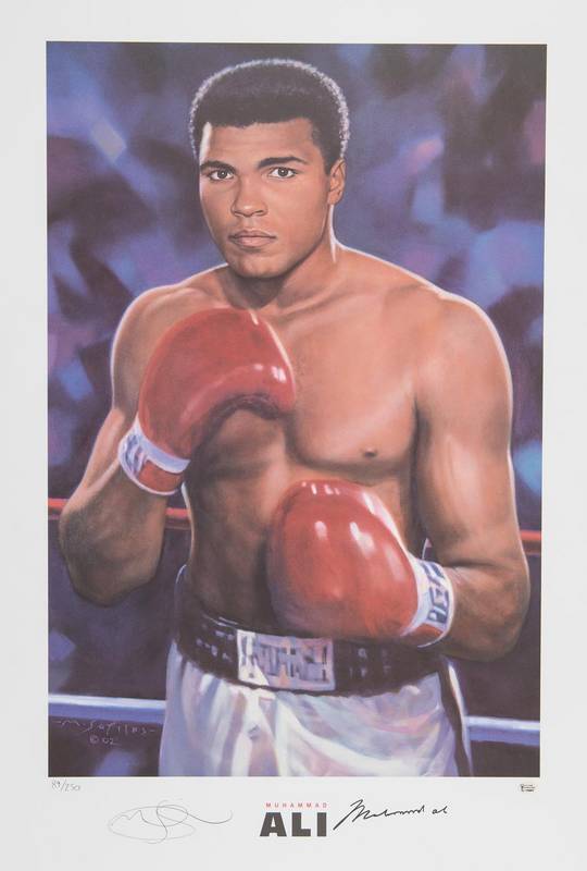 MUHAMMAD ALI: Print "Muhammad Ali" by Mark Sofilas, signed by Muhammad Ali and the artist and numbered 89/250, size 59x89cm. With 'Online Authentics' No.OA-7303649.