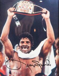 SIGNED PHOTOGRAPHS, noted George Foreman, Marvellous Marvin Hagler, Michael Spinks & Leon Spinks. All framed.