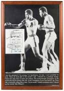 MUHAMMAD ALI & LEON SPINKS, signatures on reprinted flyer, window mounted with b/w photograph of Ali, framed & glazed, overall 66x91cm. - 2