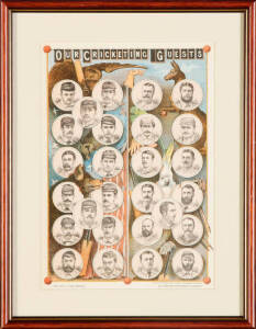 CRICKET DISPLAYS: 1884 lithograph "Our Cricketing Guests"; hand-coloured picture of Lord Hawke; J.B.Hobbs - 1930 signed letter window mounted with picture. All framed, various sizes. Plus ENGRAVINGS, noted 1859 "The English Cricketers - The Eleven of All-