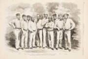 CRICKET DISPLAYS: 1884 lithograph "Our Cricketing Guests"; hand-coloured picture of Lord Hawke; J.B.Hobbs - 1930 signed letter window mounted with picture. All framed, various sizes. Plus ENGRAVINGS, noted 1859 "The English Cricketers - The Eleven of All- - 5