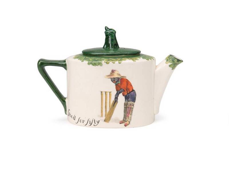 "ALL BLACK TEAM" ROYAL DOULTON 1906-30: Earthenware Teapot in oval shape with windmill finial to lid (repaired), front depicts batsman at the crease with caption "Good for fifty", the back depicts batsman bowled out with caption "I Wasn't ready".