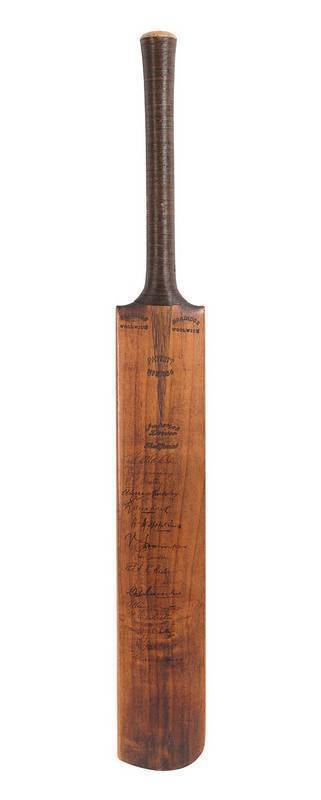 1909 AUSTRALIAN TEAM: "Gradidge" Cricket Bat, with shield on reverse, engraved "Kennington Oval. England v Australia, August 9th, 10th, 11th 1909. Australia First Innings Mr W.Bardsley b Sharp 136; second Innings lbw Barnes 130. Match drawn. Presented by