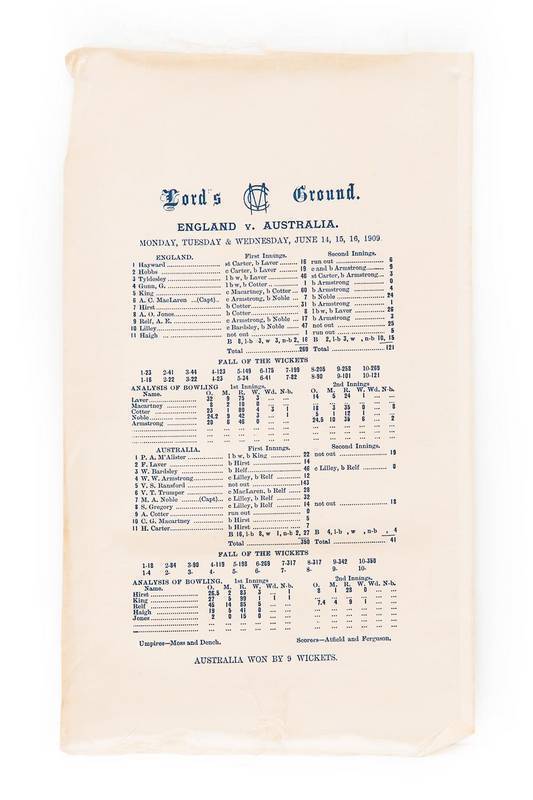 1909 AUSTRALIAN TOUR TO ENGLAND: Complete set of five Silk Scorecards for the Test matches. In excellent condition and rare as a set.