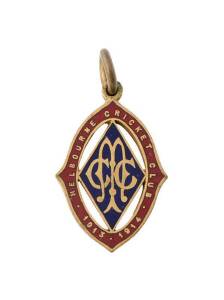 MELBOURNE CRICKET CLUB, 1913-14 membership badge, an unissued manufacturer's trial badge, in red and blue enamel, made by Stokes & Sons.