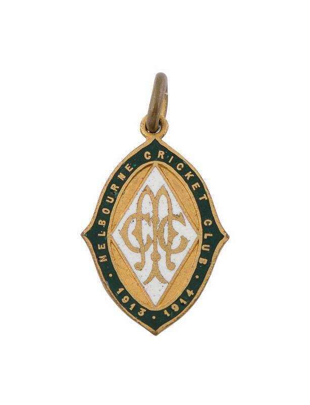 MELBOURNE CRICKET CLUB, 1913-14 membership badge, an unissued manufacturer's trial badge, in green and white enamel, made by Stokes & Sons.