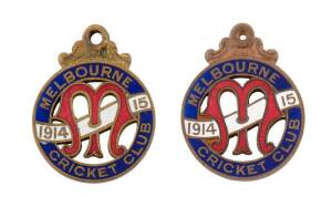 MELBOURNE CRICKET CLUB, 1914-15 membership badges, made by Stokes, No.3465; together with an unfinished trial badge without gilding and reverse detail.