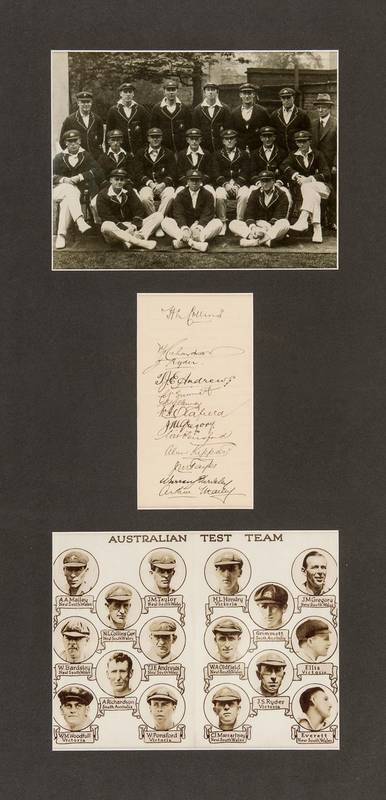 1926 AUSTRALIAN TEAM, display comprising autograph page with 13 signatures including Herbert Collins, Jack Ryder, Clarrie Grimmett & Bill Ponsford, window mounted with team photograph, framed & glazed, overall 48x84cm.