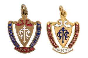 MELBOURNE CRICKET CLUB, 1926-27 membership badges, made by C.Bentley, Full member No.1437, and Country member No.709 (in reversed colours). The latter in nearly mint state.