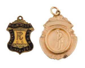 RICHMOND CITY CRICKET CLUB, 1928-29 membership badge, made by M.Lober, No.27; plus 9ct gold fob/medal engraved on reverse "J.McCulloch Life Member R.C.C.C. 25th Aug.1952".