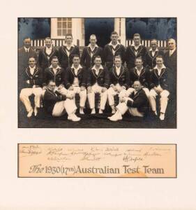 1930 AUSTRALIAN TEAM, official team photograph (some silvering), taken by Bolland, titled "The 1930 (17th) Australian Test Team", signed to mount by the entire team, 17 signatures - Stan McCabe, Ted A'Beckett, Percy Hornibrook, W.L.Kelly, Tim Wall, Alec H