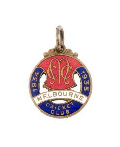 MELBOURNE CRICKET CLUB, membership badges for 1933-34 Full member No.4995, and Country member No.949; 1934-35 Full member No.4170, and Country member No.822.