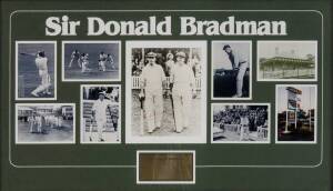 DON BRADMAN, display comprising 9 photographs, 3 signed (signatures faded), framed & glazed, overall 63x100cm, with CoA. Plus 3 Bradman books.