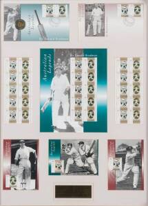 DON BRADMAN, nice signature on photograph of Bradman playing a cover drive, window mounted, framed & glazed, overall 52x64cm. Plus "Inaugural Australian Legends Stamp Issue - Sir Donald Bradman AC" display, 55x72cm.