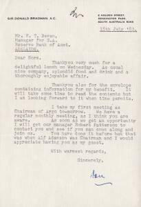 DON BRADMAN: 1982-91 signed letters (5) from the Don to his friend Norm Bevan (Sth Aust Manager of the Reserve Bank of Australia), all signed "Don".