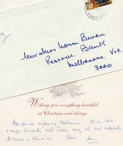 DON BRADMAN: Christmas Cards for 1986, 1990 & 1995 to his friend Norm Bevan, one signed "Don", other two signed "Don & Jessie". All with original envelopes addressed in the Don's handwriting.