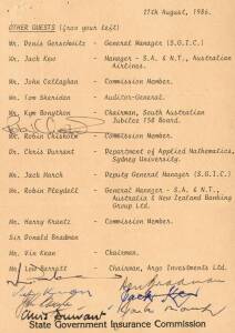 DON BRADMAN: Place card from the Don's 1986 Birthday dinner, signed by Don Bradman & 7 other guests. Also 1992 signed letter from Colin Cowdrey & other ephemera.