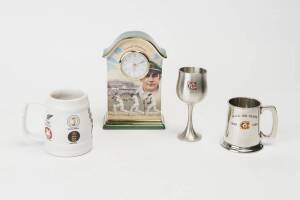 DON BRADMAN CLOCK: "Don Bradman - A Legend in Time" Heirloom Porcelain Clock; also MCC 150 Years pewter mug; MCC pewter goblet; 1992 World Cup ceramic beer mug.