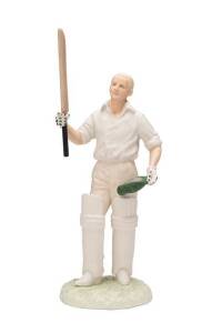 DON BRADMAN, Wedgwood limited edition porcelain sculpture "Sir Don Bradman A.C.", 23cm high., limited edition 132/2000, in perspex display case, with wooden base of Mountain Ash from the MCC Long Room floor, when old room was refurbished in 2004. Superb c