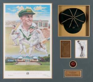 DON BRADMAN, display comprising signature on "Don Bradman" print by Brian Clinton, also signed by the artist & numbered 377/1000, window mounted with Bradman Museum cricket cap, framed & glazed, overall 108x97cm. With CoA.