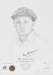 DON BRADMAN, signature on print "The Great Man - Sir Donald Bradman A.C., Lord's 1930", by Tanya Bartlett, framed & glazed, overall 23x32cm.