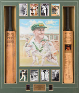 DON BRADMAN DISPLAY, comprising signature on replica "Sykes -Don Bradman" Cricket Bat, mounted with another replica  "Sykes -Don Bradman" Cricket Bat engraved with Bradman's Test centuries, plus Print of Bradman & eight pictures, framed & glazed, overall 