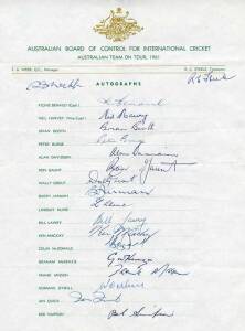 1961 Australian Team, official team sheet with 19 signatures including Richie Benaud (captain), Neil Harvey, Graham McKenzie & Bob Simpson. Plus 1961 "P&O Orient Lines" souvenir programme & 3 books re Richie Benaud, Neil Harvey & Wally Grout. 