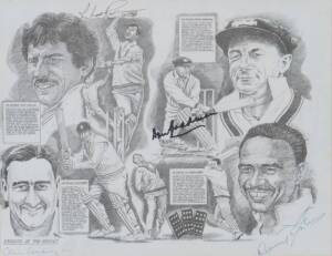 CRICKET KNIGHTS: Print "Knights of the Wicket" signed by Sir Richard Hadlee, Sir Don Bradman, Sir Colin Cowdrey & Sir Garfield Sobers, window mounted, framed & glazed, overall 47x40cm.