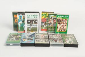 CRICKET VIDEOS: Collection of cricket videos (59) with 6 signed including "Cricketing Legends - Ian Botham", "Cricketing Legends - Dennis Lillee" & "The Ashes Regained" signed by David Gower.