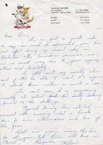 KIM HUGHES, hand-written letter written during 1986-87 Australian "Rebel" tour to South Africa, signed "Kim".