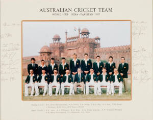 1987 AUSTRALIAN TEAM, official team photograph with title "Australian Cricket Team, World Cup India-Pakistan 1987", with 17 signatures on the mount including Allan Border (captain), Steve Waugh, Dean Jones & Craig McDermott, window mounted, framed and gla