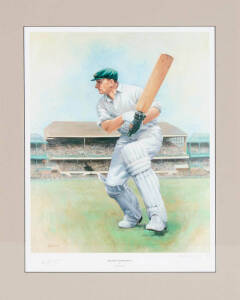 CRICKET PRINTS: "Sir Don Bradman" by Alan Fearnley (Bradman wearing Australian cap with MCG in background), signed by Don Bradman & the artist, limited edition 463/850, window mounted, framed & glazed, overall 55x68cm; plus "A small step for Kepler..." si