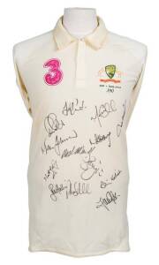 NATHAN HAURITZ'S AUSTRALIAN TEST SHIRT, from 2009 3rd Test v South Africa, embroidered with "3" logo, and Cricket Australia Coat-of-Arms with "2009 v South Africa/ 390", match-worn, signed by Australian team with 13 signatures including Ricky Ponting, Mic