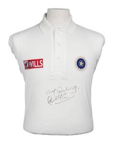 SACHIN TENDULKAR'S INDIAN TEST SHIRT, with embroidered India & sponsor's logos, signed on front by Sachin Tendulkar. G/VG condition. [Sachin Tendulkar played 200 Tests & 463 ODIs 1989-2013].