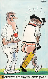 1972 Sunicrust "Comedy Cricket" - the original cartoon artwork by Weg for No.27 "Thrashed the Pants Off 'Em", size 23x36cm.