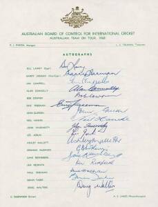 AUSTRALIAN TEAM SHEETS: Wonderful collection of official Australia team sheets, comprising 1968, 1969-70, 1977, 1979 World Cup (12), 1980, 1981 (2), 1982, 1983 World Cup, 1983 to Zimbabwe, 1983 to Sri Lanka, 1984 to India, 1984 to West Indies, 1985, 1985 