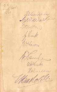 c1920s English Test Cricketers on autograph page, noted J.B.Hobbs, Andy Sandham, Len Braund (golden age), Harold Larwood, Herbert Strudwick, Patsy Hendren, Maurice Tate & Fred Root. Plus c1929 autograph page with 9 signatures - Monty Noble; Tom Carlton (t