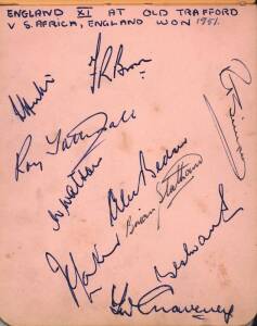 c1951-56 AUTOGRAPH BOOK, with c165 signatures, mainly cricket including 1951 England, 1951 South Africa, 1952 England, 1952 India, 1956 Australia; also tour guide "Australian Cricket Tour 1938".