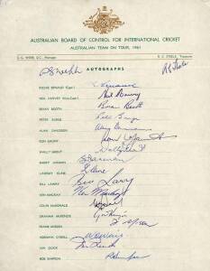 1961 AUSTRALIAN TEAM, official team sheet with 19 signatures including Richie Benaud, Neil Harvey & Bill Lawry.