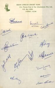 1963-64 South African Team to Australia, official letterhead "(Springbok)/South African Cricket Team" with 15 signatures including Trevor Goddard, Eddie Barlow & Colin Bland. Good condition.