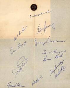 1963-64 Australian Team for 1st Test v South Africa at Brisbane, QCA letterhead with 12 signatures including Richie Benaud, Ian Meckiff (no balled for chucking) & Bob Simpson. Also ABC notepaper signed by Alan McGilvray. Fine condition.