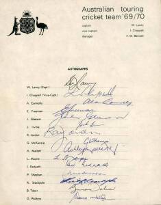 1969-70 AUSTRALIAN TEAM, official team sheet with 15 signatures including Bill Lawry, Ian Chappell, Alan Conolly & Doug Walters.