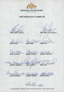 1985 Young Australia, official team sheet with 15 signatures including Dean Jones, Bruce Reid & Stephen Waugh (early signature before he stylized it).