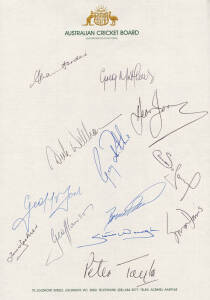 c1986 Australian team, "Australian Cricket Board" letterhead with 13 signatures including Allan Border, Simon O'Donnell & Simon Davis; plus 1985 Young Australia team sheet with 15 signatures.