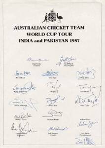 1987 Australian Team to World Cup, team sheet with 19 signatures including Allan Border (captain), Geoff Marsh & Steve Waugh. Fine condition. [Australia won it's first World Cup, defeating arch-rivals England by 7 runs].