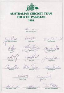 1988 Australian Team to Pakistan, official team sheet with 18 signatures including Allan Border (captain), Dean Jones & Steve Waugh. Fine condition.